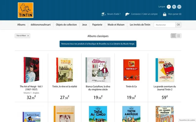 Capture du site de la Boutique Tintin
