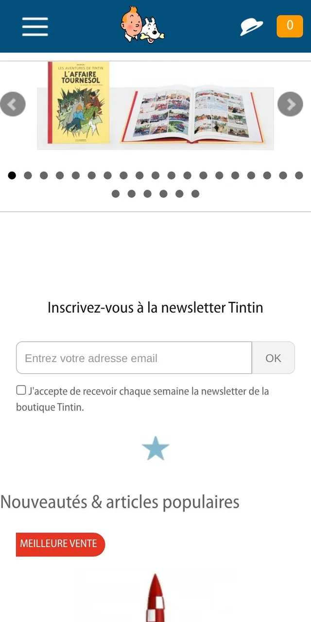 Capture du site boutique.tintin.com · Version mobile